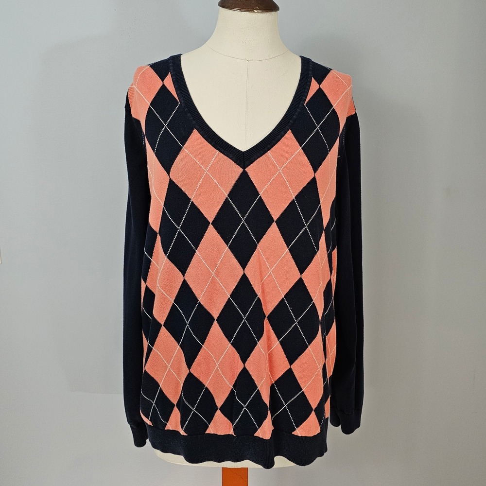 Tommy Hilfiger Argyle Sweater V-Neck Coral Navy Blue Pima Cotton XXL